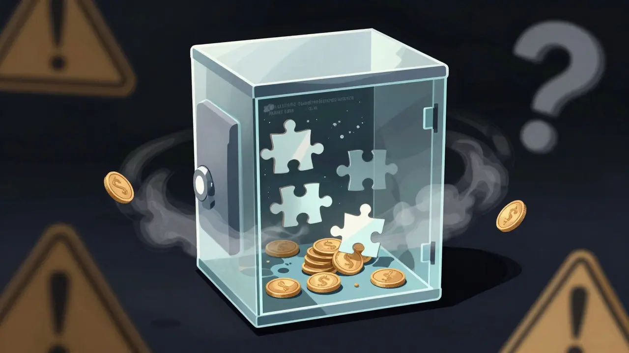 Glass vault with missing puzzle pieces and floating question marks in a void