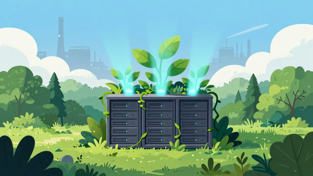 Green forest growing from a clean server rack under a bright sky in surreal style