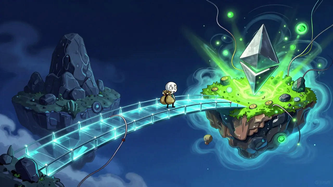 Illustration of a character on a bridge between two contrasting network islands