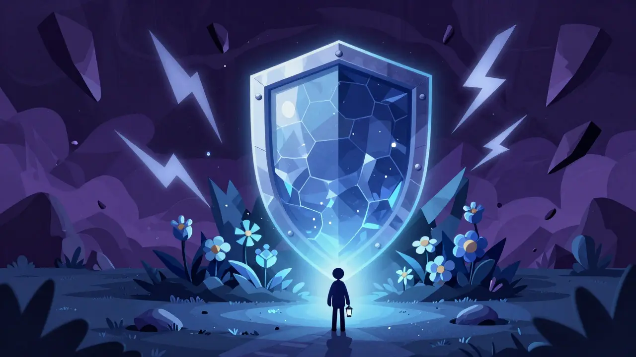 Illustration of a crystal shield protecting a garden from a storm, symbolizing crypto security