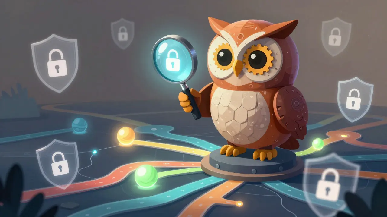 Illustration of a mechanical owl overseeing secure cross-chain bridge routes