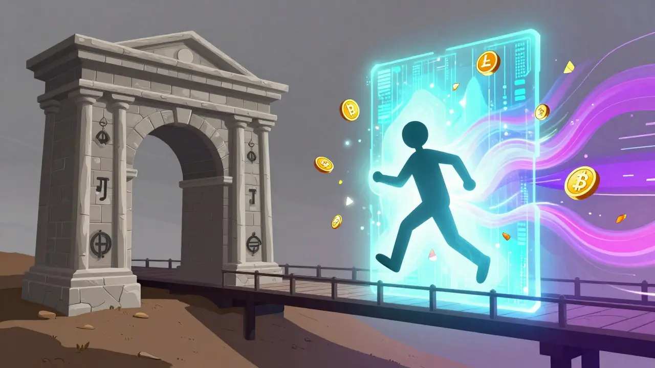 Illustration of a person crossing a bridge from traditional banking to a digital crypto portal