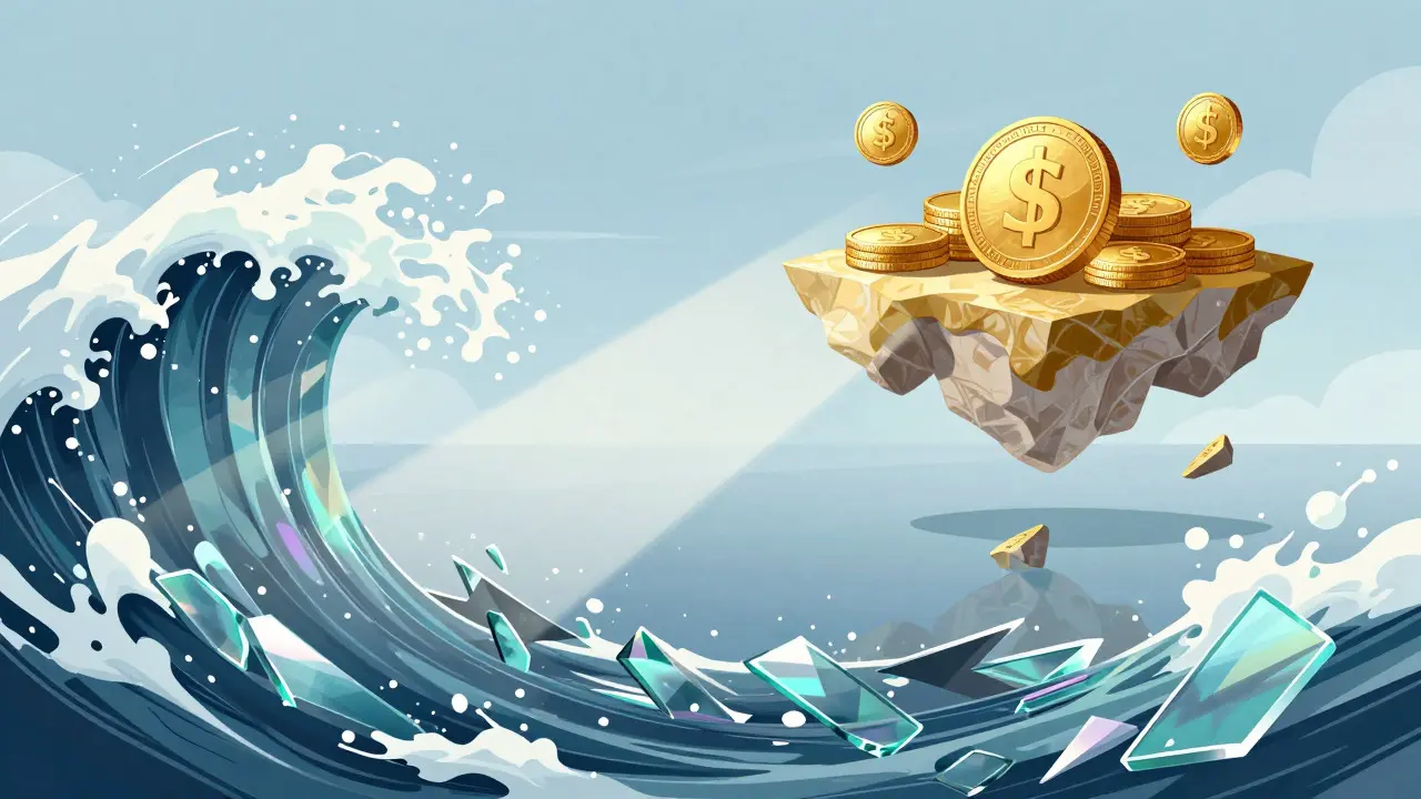 Illustration of jagged glass waves crashing near calm floating islands, symbolizing token volatility versus stability