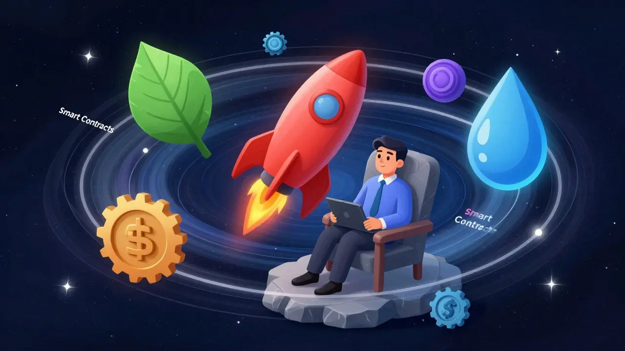 Investor sitting calmly as diverse asset tokens orbit automatically via smart contracts.