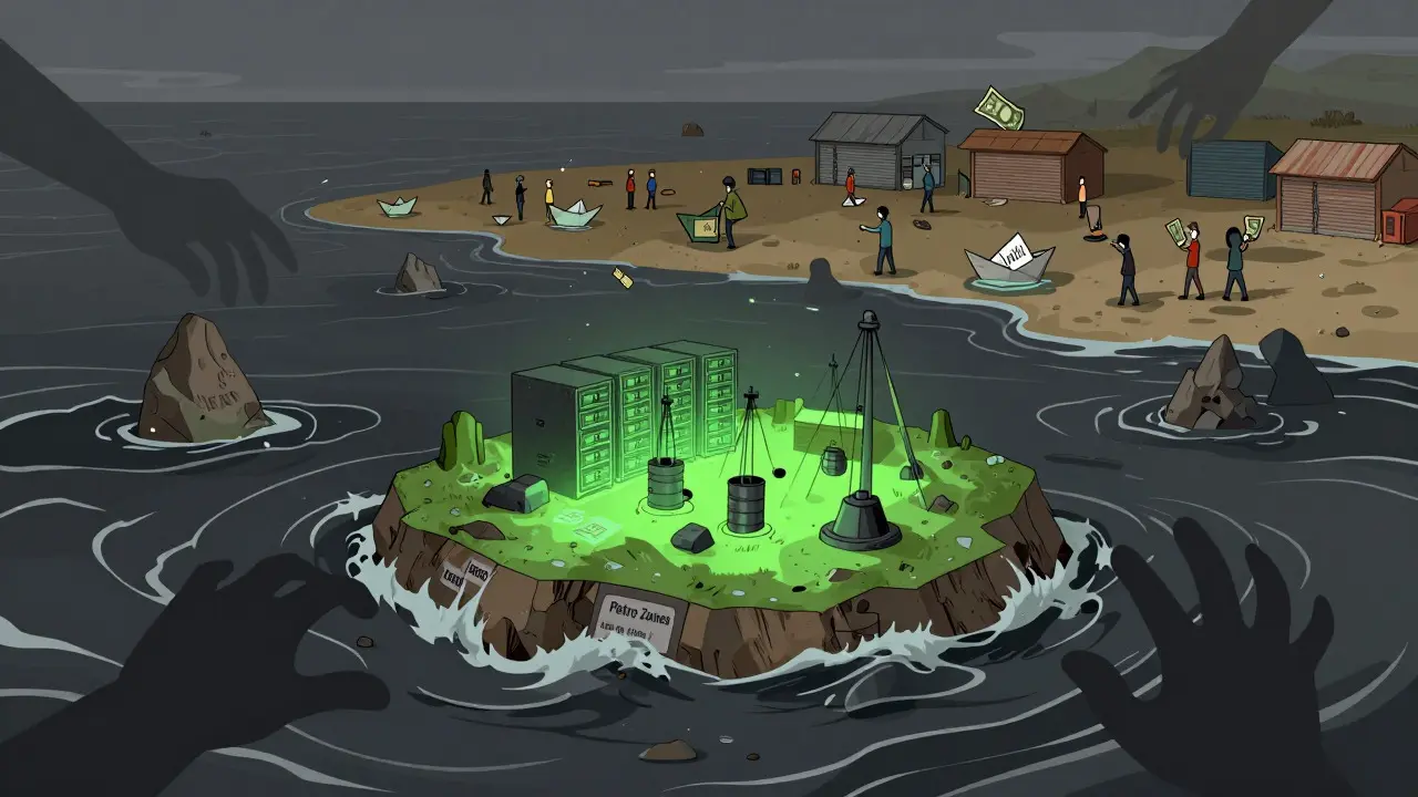 Isolated tech islands surrounded by turbulent seas and shadowy sanctions in a cartoon