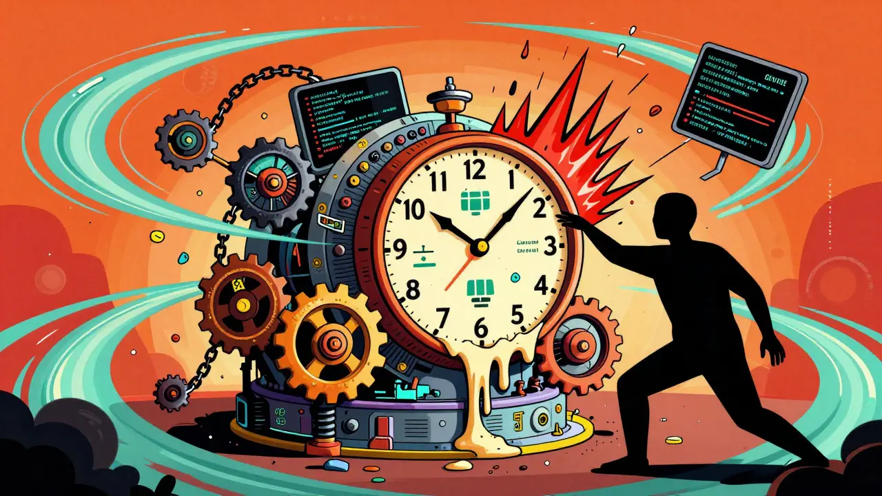 Melting clock mechanism with code figures manipulating DeFi price charts.