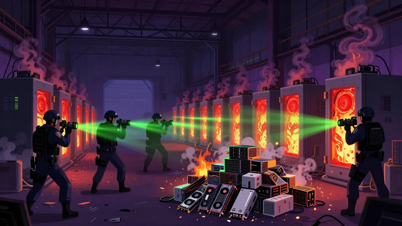 Police raiding a hot, chaotic warehouse full of seized mining hardware in a cartoon style