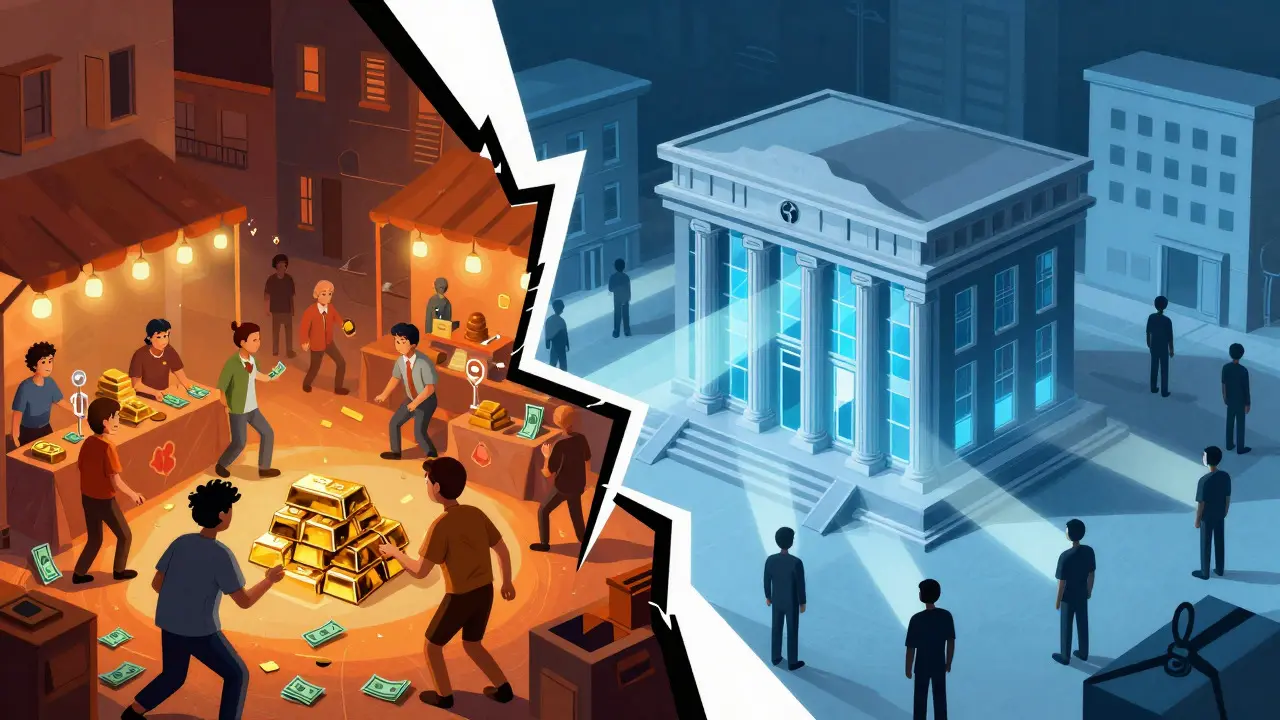 Split scene showing underground cash trading versus a sterile central bank building in abstract illustration