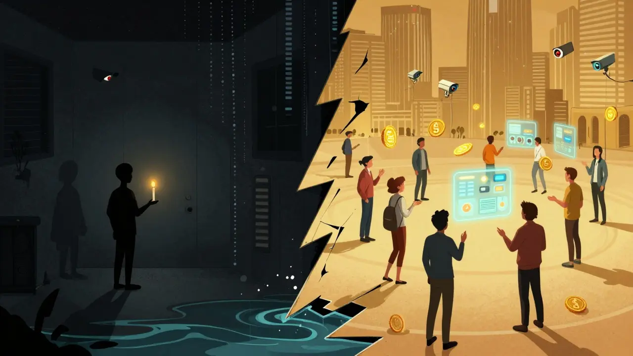 Split-screen art depicting a dark, isolated room versus a bright, open plaza with floating digital coins