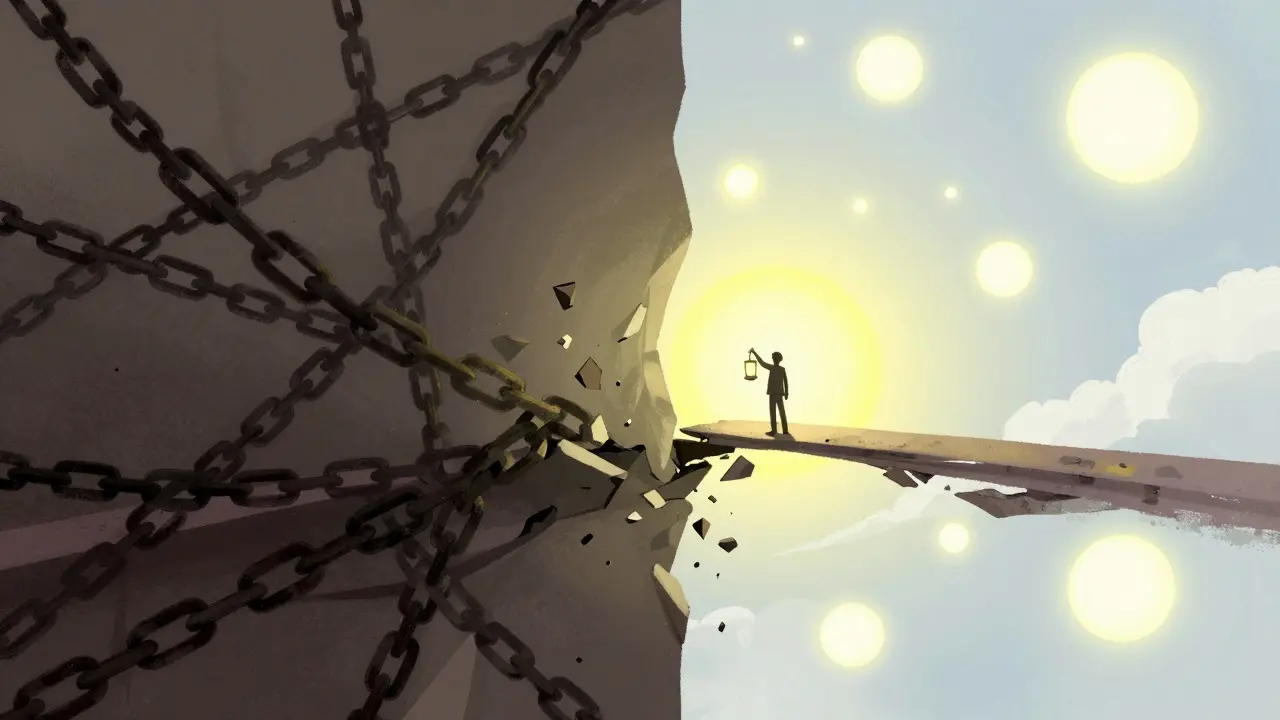 Split view of a crumbling bridge connecting dark chains to a bright open sky