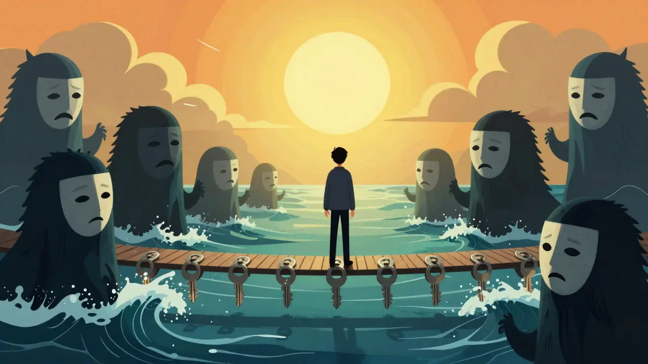 Surreal art of investor standing firm on hardware wallet bridge over emotional chaos