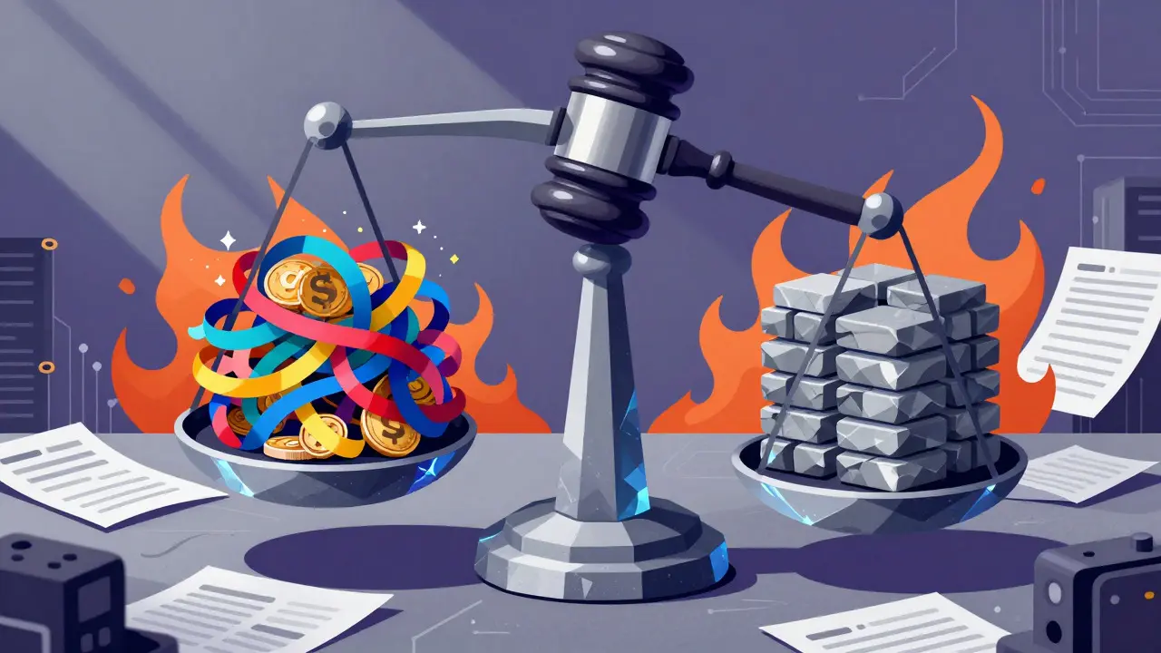 Surreal art showing a balance scale weighing chaotic ribbons against stable stone blocks under a hovering gavel