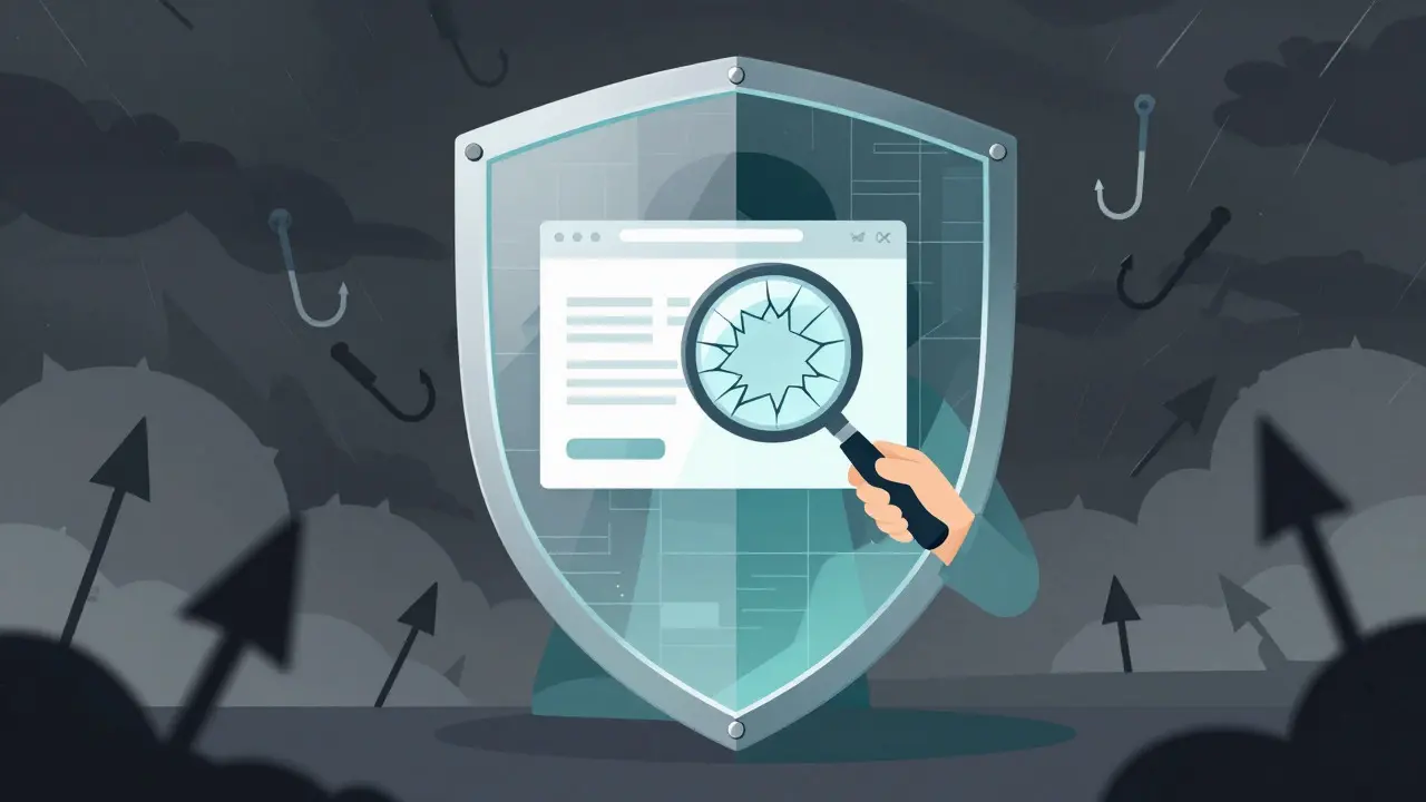 Surreal art showing a protective shield blocking phishing attacks during crypto verification.