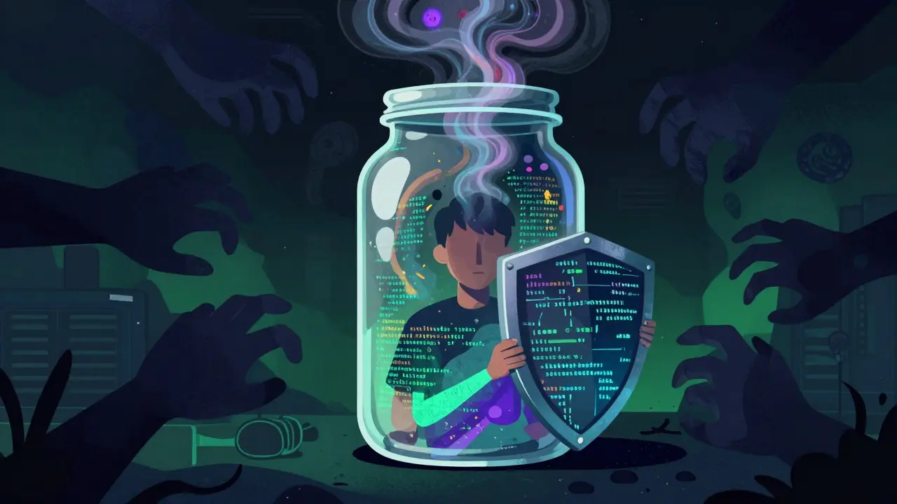 Surreal art showing digital identity protected from shadowy threats