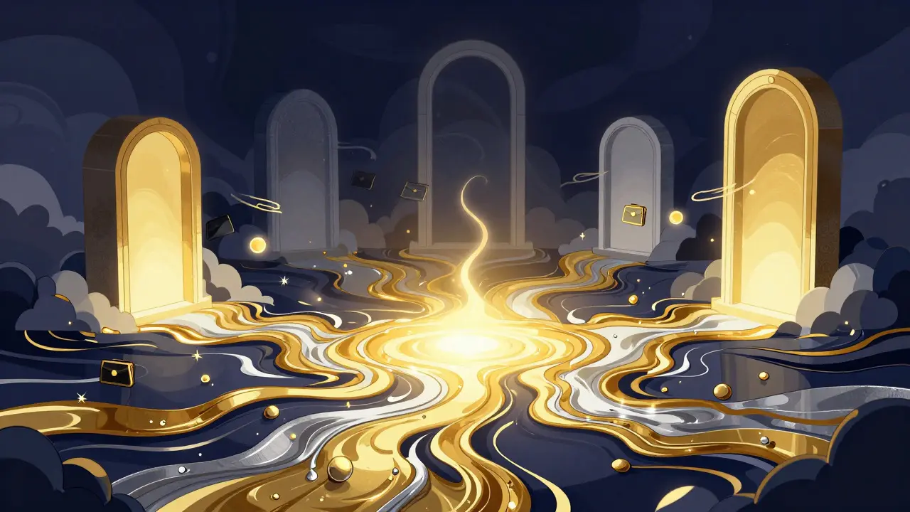 Surreal cartoon art showing golden liquid streams merging through arches to depict liquidity tiers