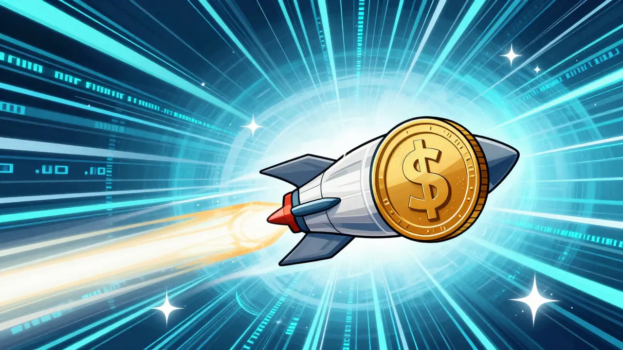 Surreal cartoon of a crypto coin rocket speeding through a data tunnel