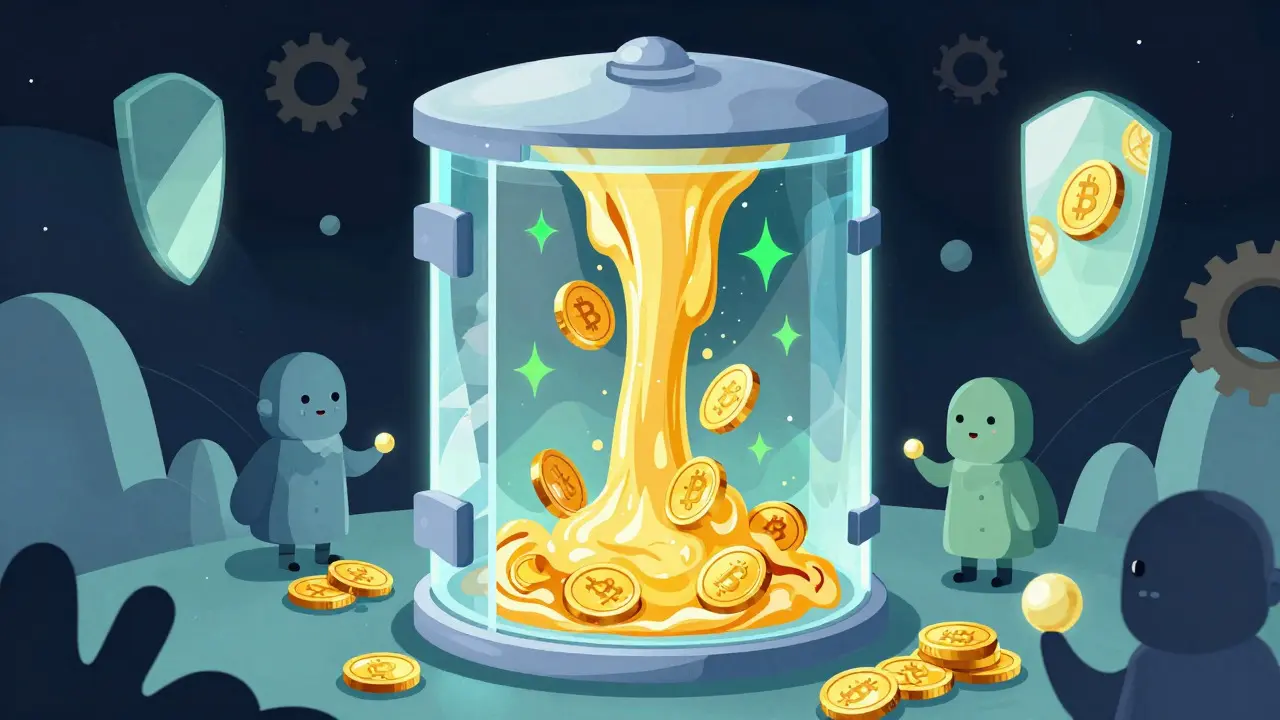 Surreal cartoon of a crystal vault generating gold and green token rewards.
