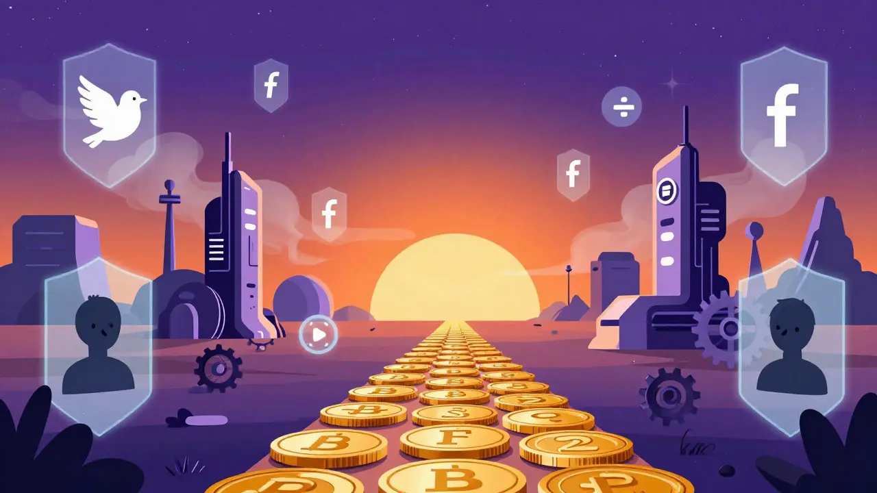 Surreal cartoon path of tokens leading to emerging modular structures replacing dissolving social icons.
