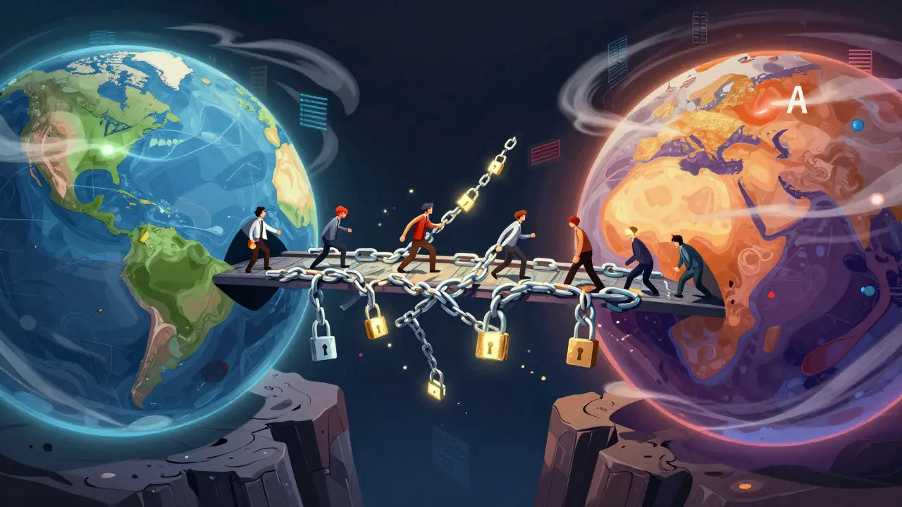 Surreal depiction of complex cross-shard transactions bridging two worlds
