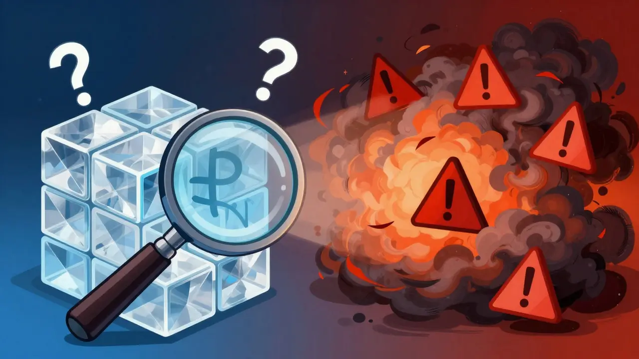 Surreal illustration contrasting transparent facts with chaotic scam rumors.