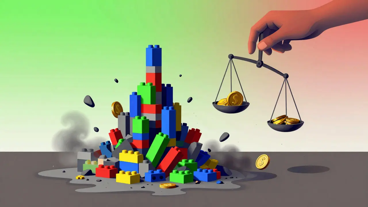 Surreal illustration of a tower of coins collapsing into dust, symbolizing price drop
