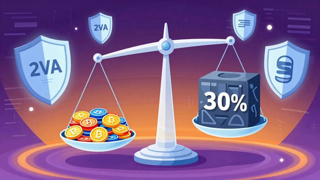 Surreal illustration of tax scales balancing crypto tokens and security shields