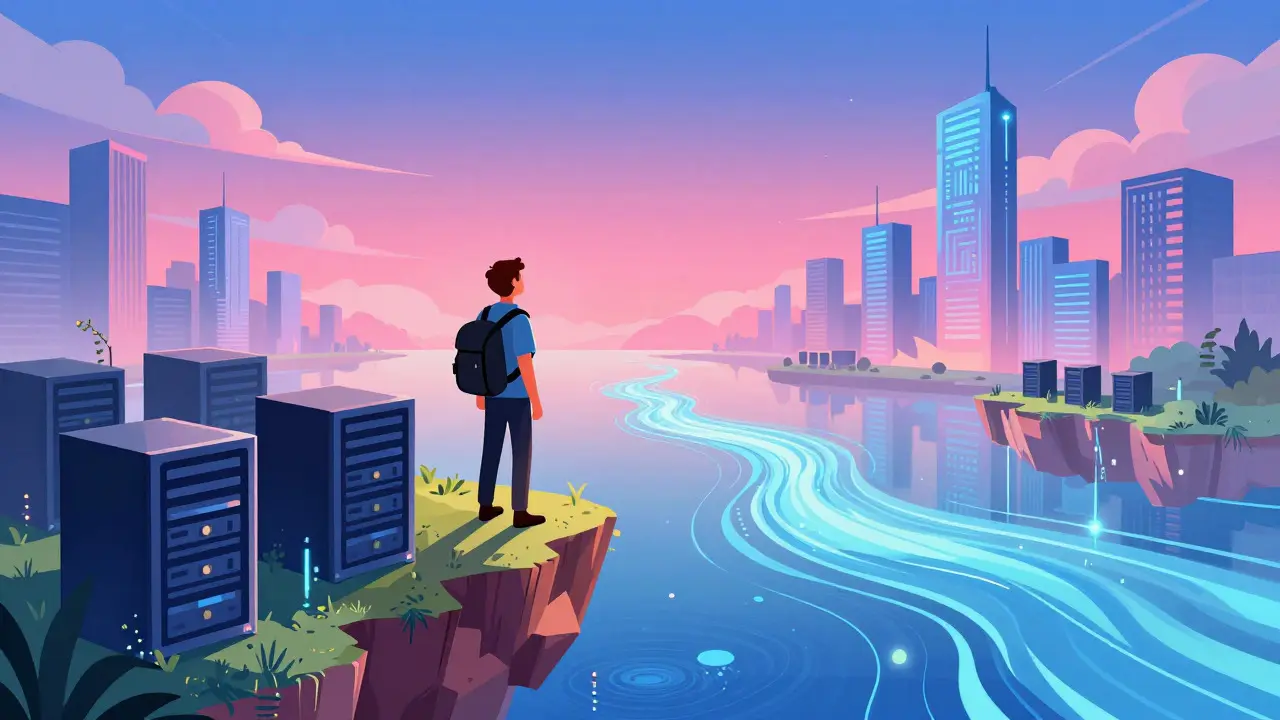 Surreal landscape of digital real estate with pixelated islands and data rivers, symbolizing future assets.