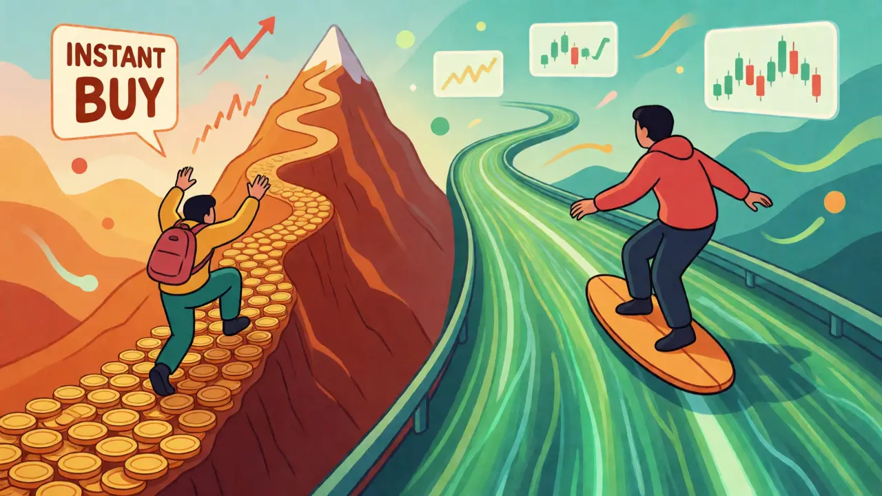Surreal split scene contrasting a steep coin mountain with a smooth green energy highway