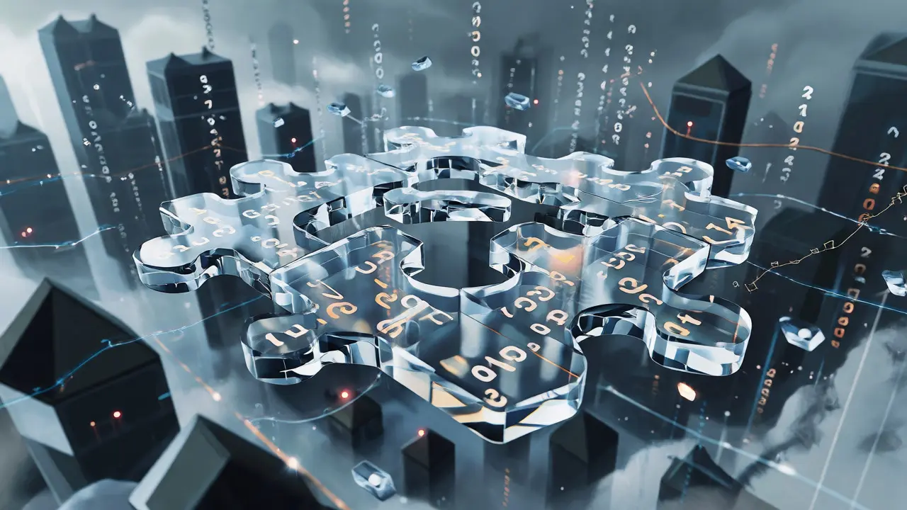 A fragmented glass blockchain structure reflecting conflicting data amidst distant exchanges.