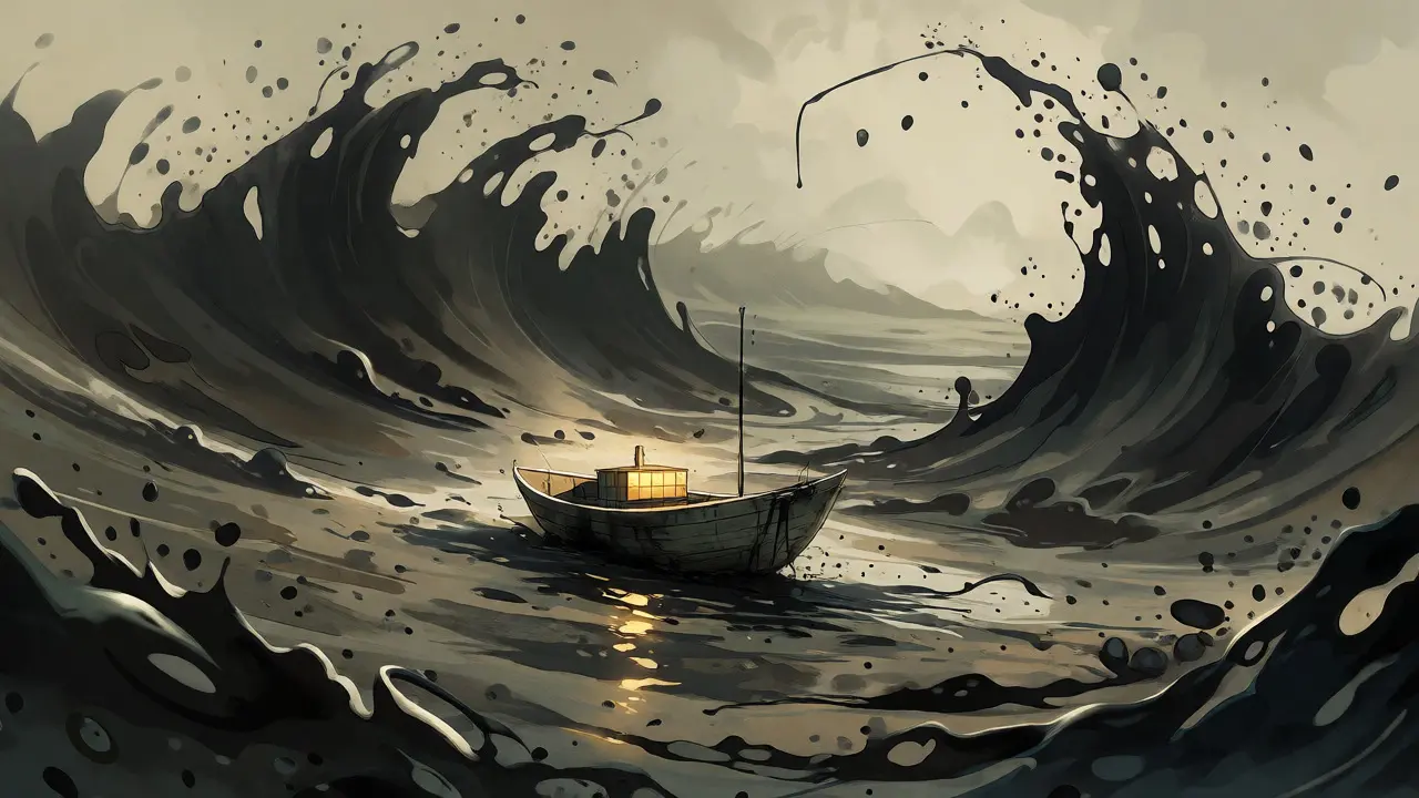 A small boat navigating a thick, tar-like sea under looming shadowy waves.
