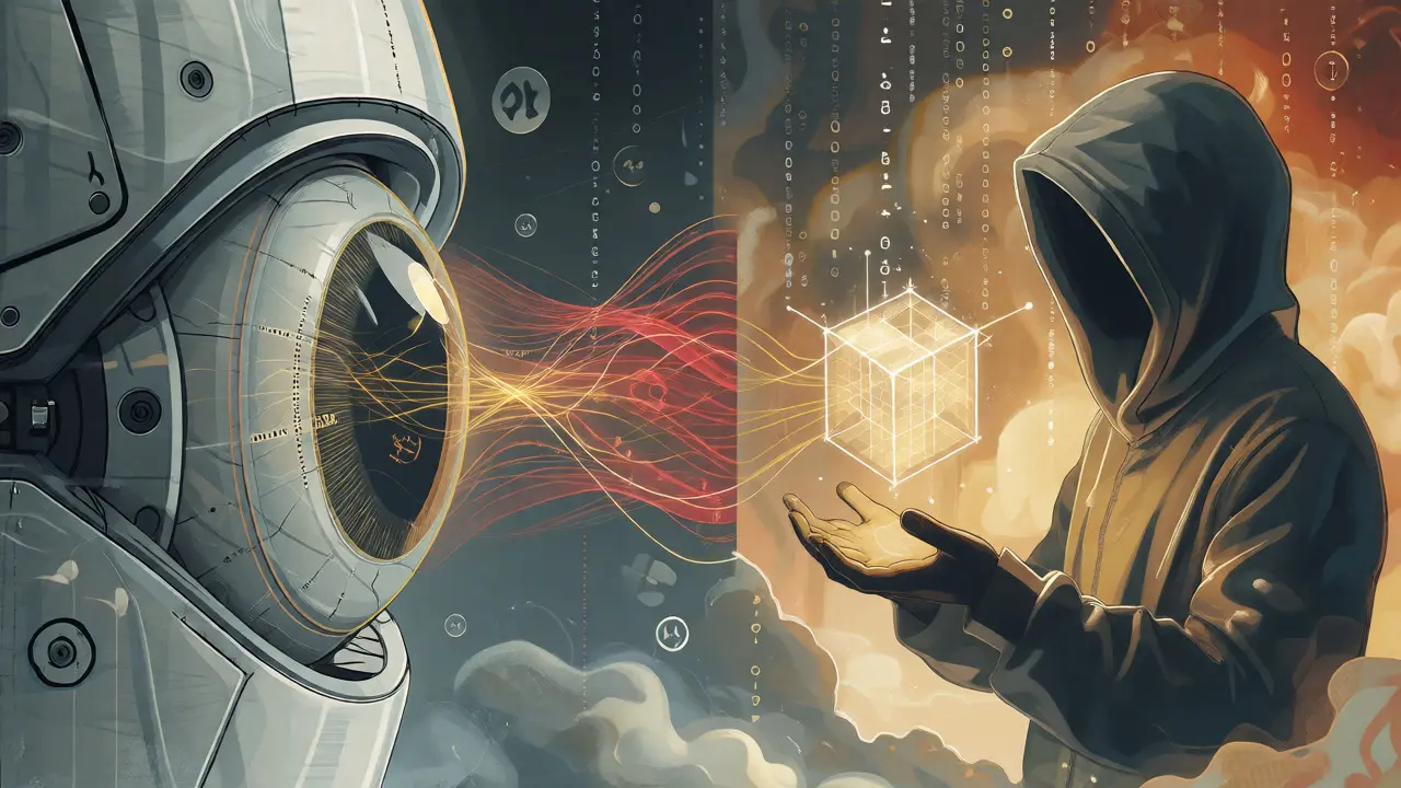 Abstract art showing AI scanning data streams and a figure holding a ZK-proof cube.