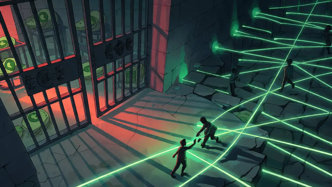 Abstract art showing crypto networks bypassing closed bank gates via underground paths.