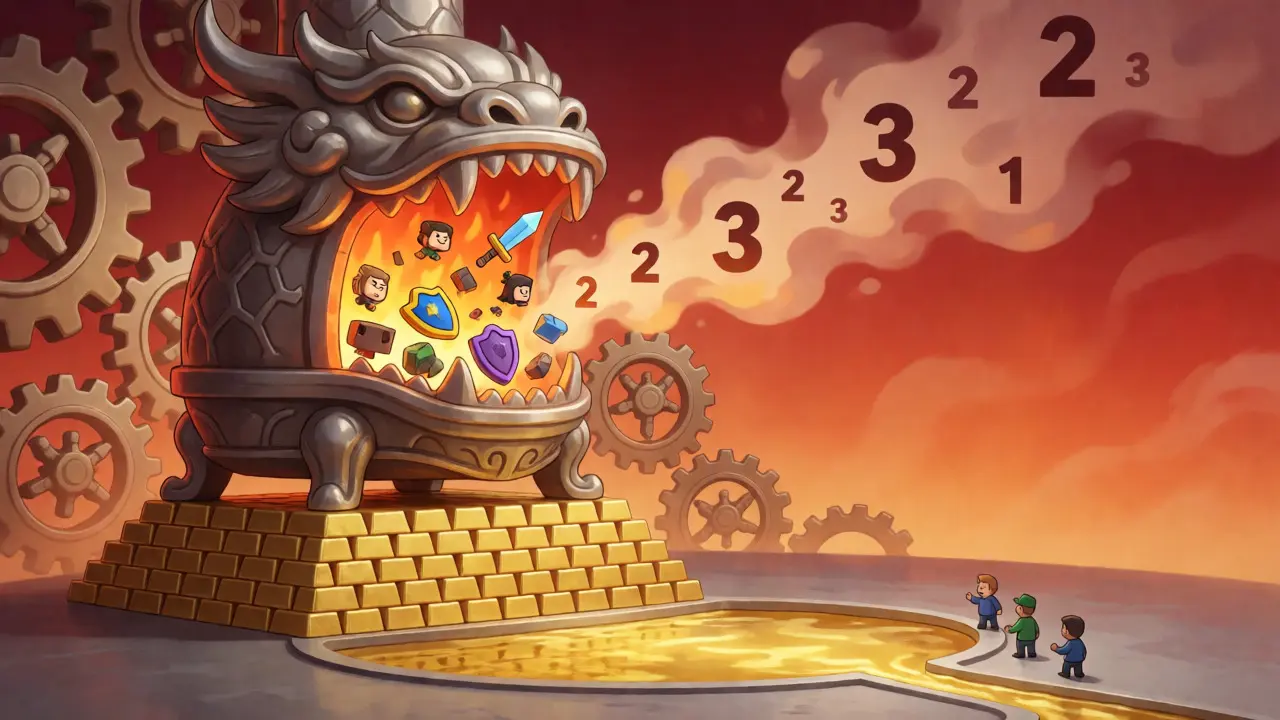 Abstract art showing game items burned in a dragon-furnace to reduce CYT supply.