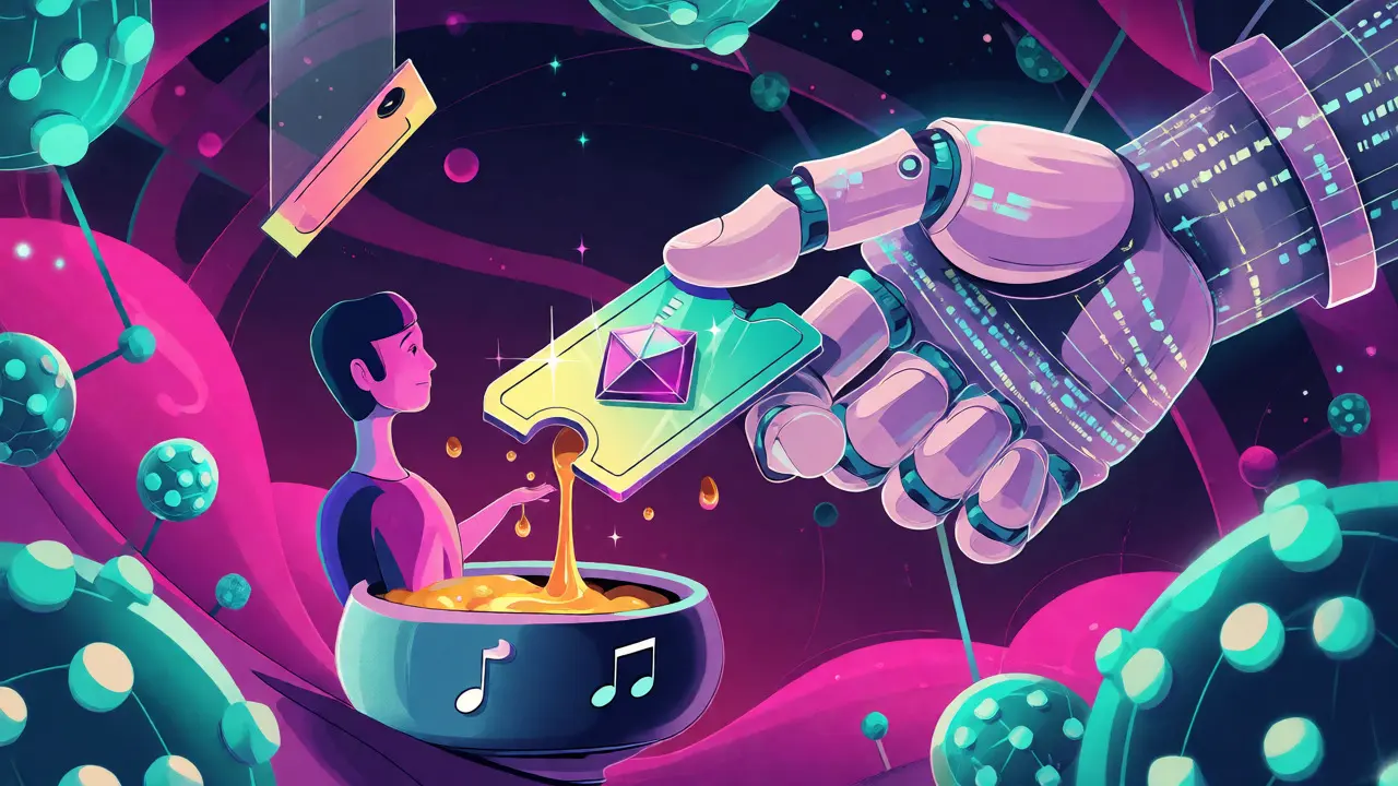 Abstract art showing smart contracts automating royalty payments during ticket resale.