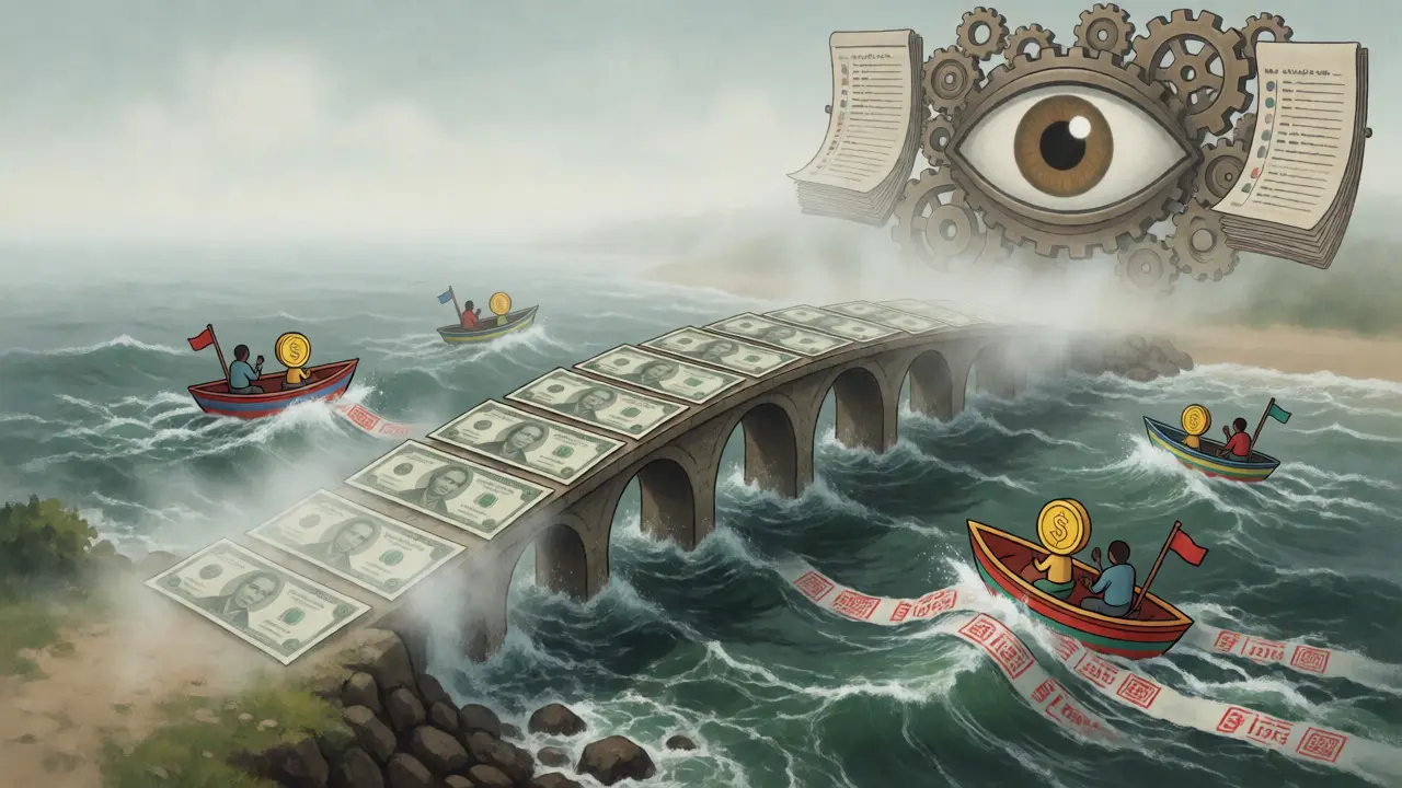 Abstract bridge dissolving into mist over a sea of red tape, symbolizing CEMAC banking hurdles.