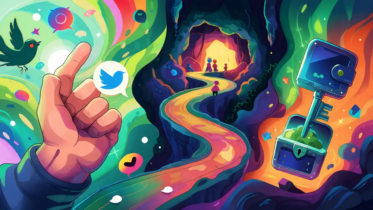 Abstract cartoon depicting retweeting, joining community, and wallet submission steps