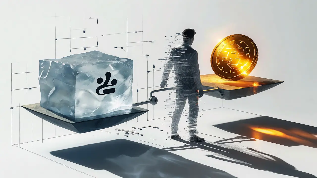 Abstract depiction of conflicting token prices using scales balancing ice and a floating golden coin.