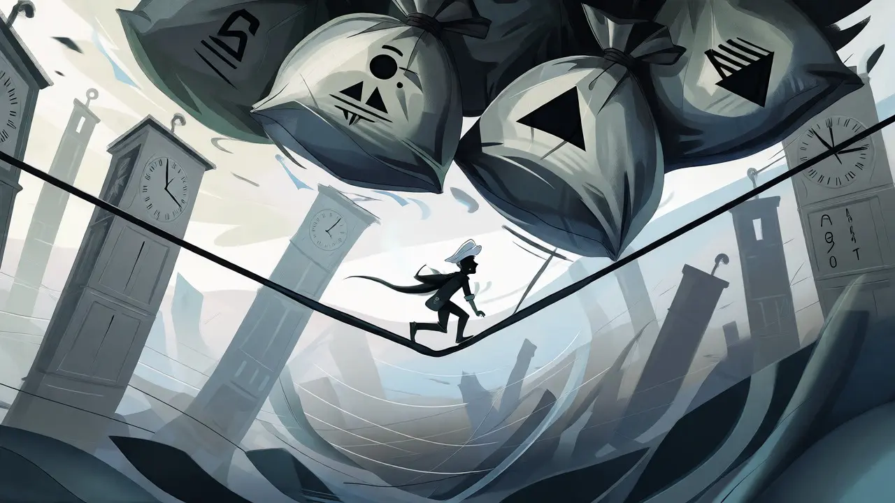 Abstract depiction of low liquidity with a trader on a thin line above an empty void.