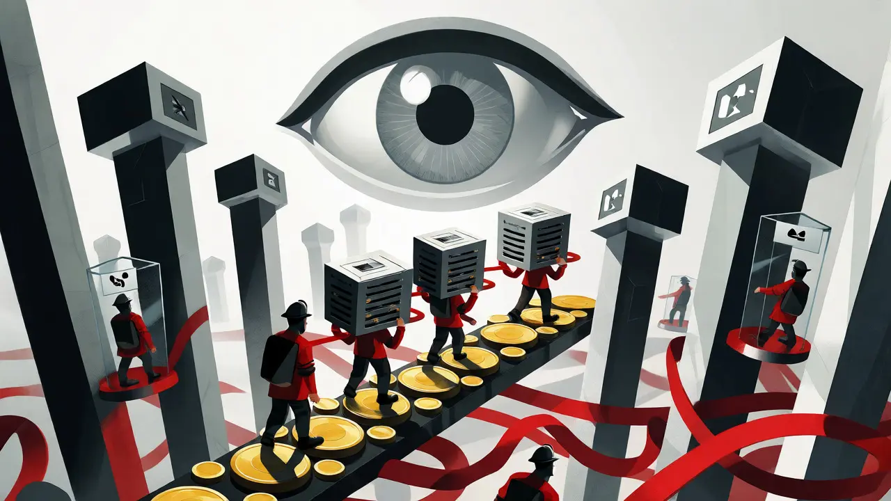 Abstract depiction of strict crypto regulations with miners navigating a maze of legal barriers.