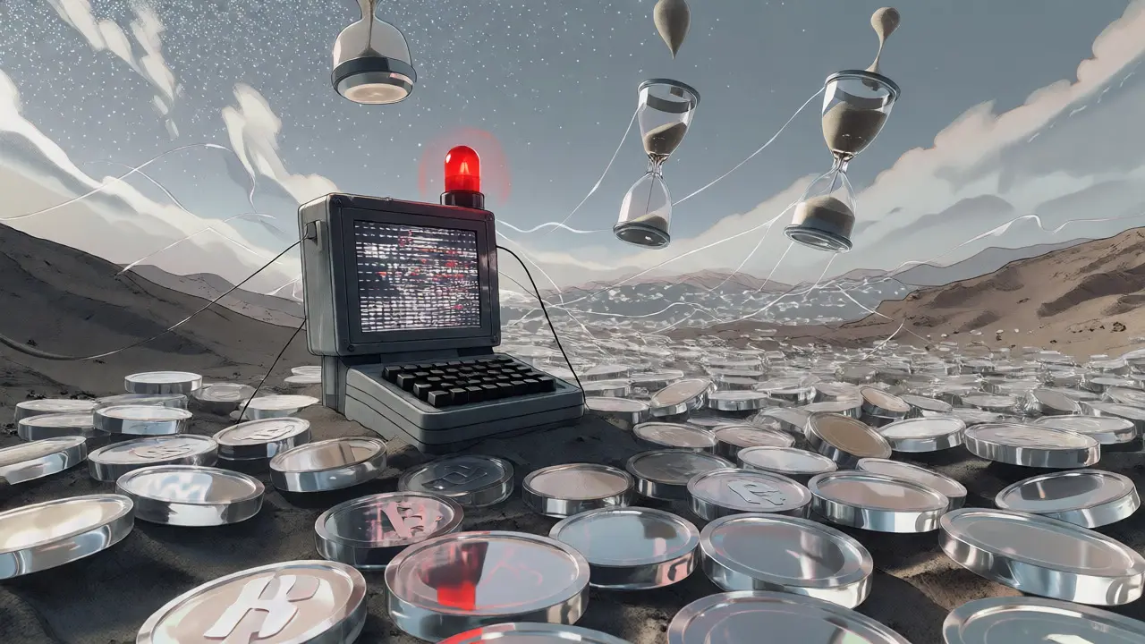 Abstract desert of glass coins with an isolated, flickering trading terminal representing low liquidity.