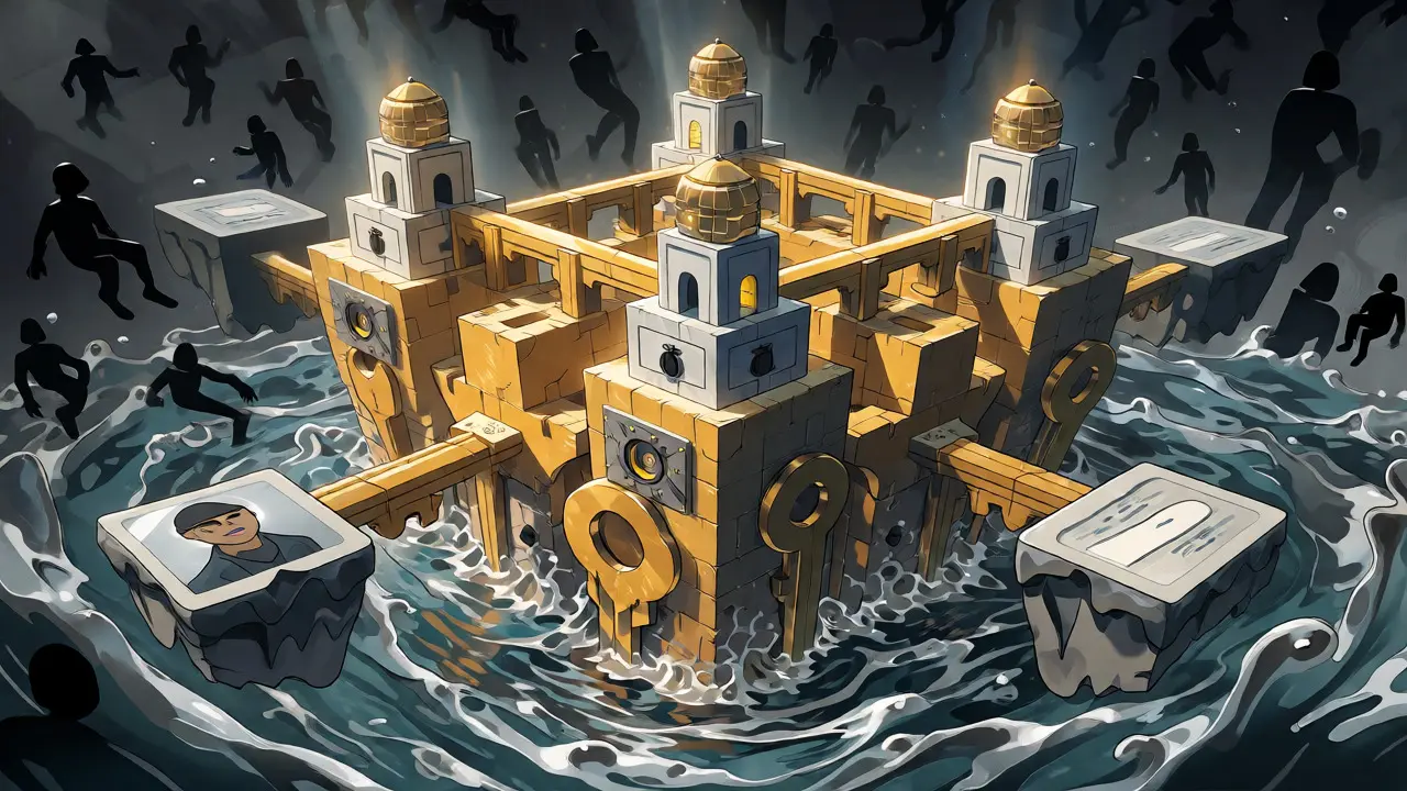 Abstract fortress of keys and banks isolating four crypto exchange towers.