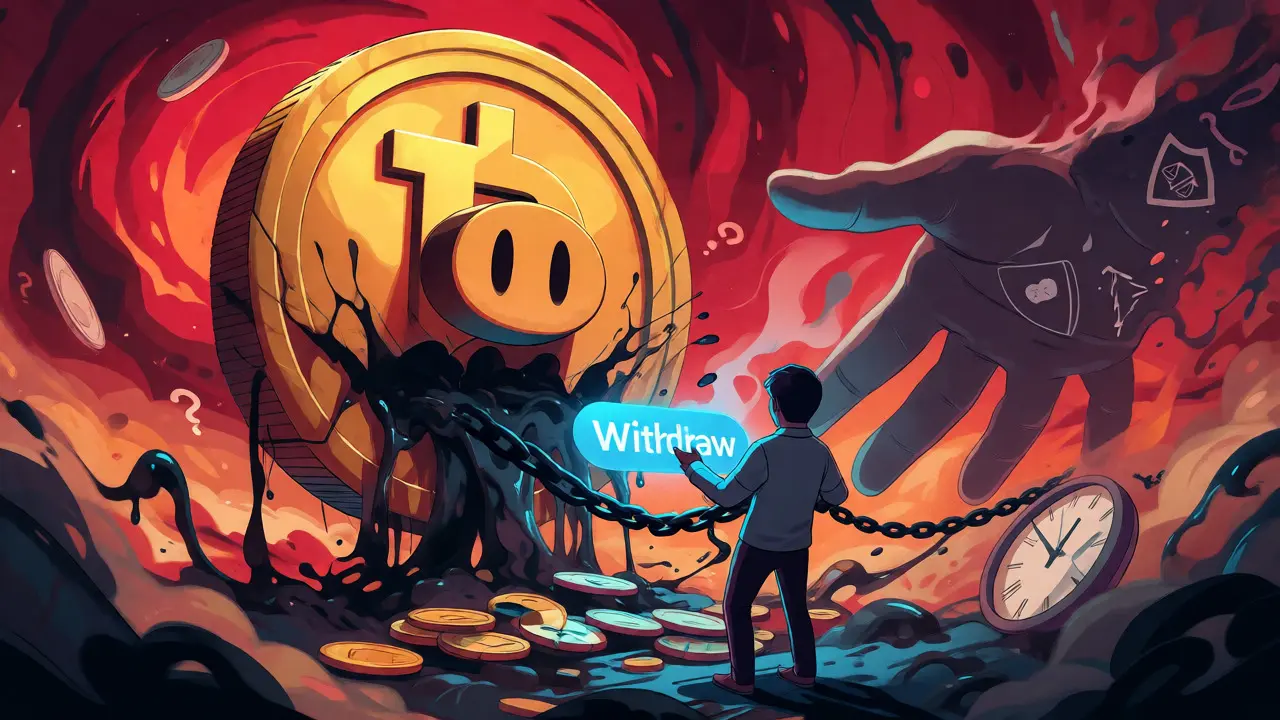 Abstract illustration of a cracked crypto piggy bank releasing chains onto a trapped user.