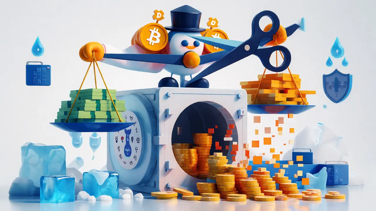 Abstract illustration of a crypto vault and tax collector weighing profits, depicting South Korea's 20% capital gains tax rules.