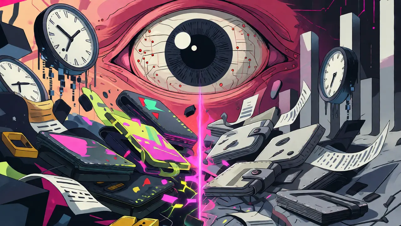 Abstract illustration of a giant eye splitting crypto assets under a laser beam for tax valuation.