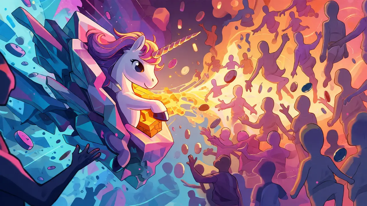Abstract illustration of a unicorn connecting with a crystal structure, surrounded by people catching tokens.