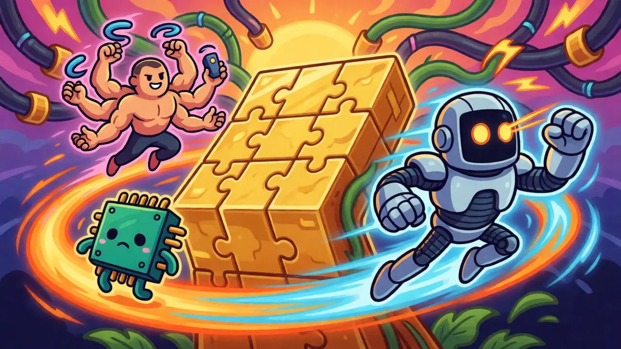 Abstract illustration of CPU, GPU, and ASIC racing around a blockchain