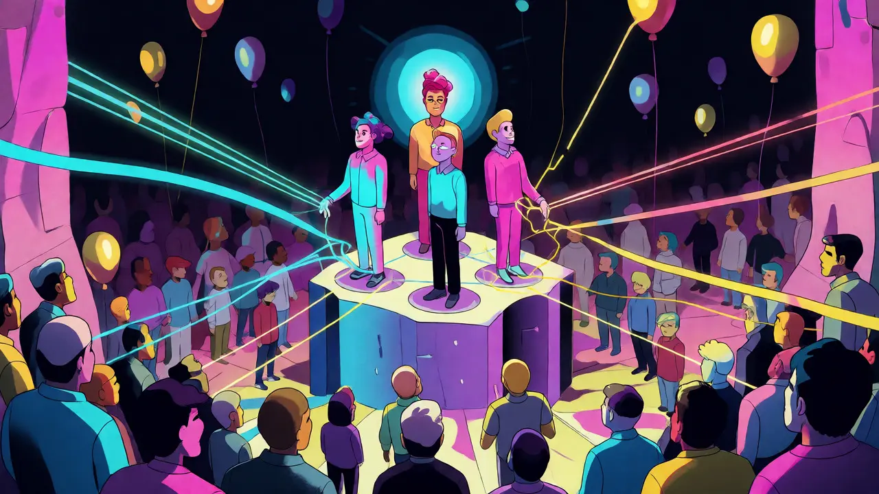 Abstract illustration of voters connecting via neon threads to validator avatars.