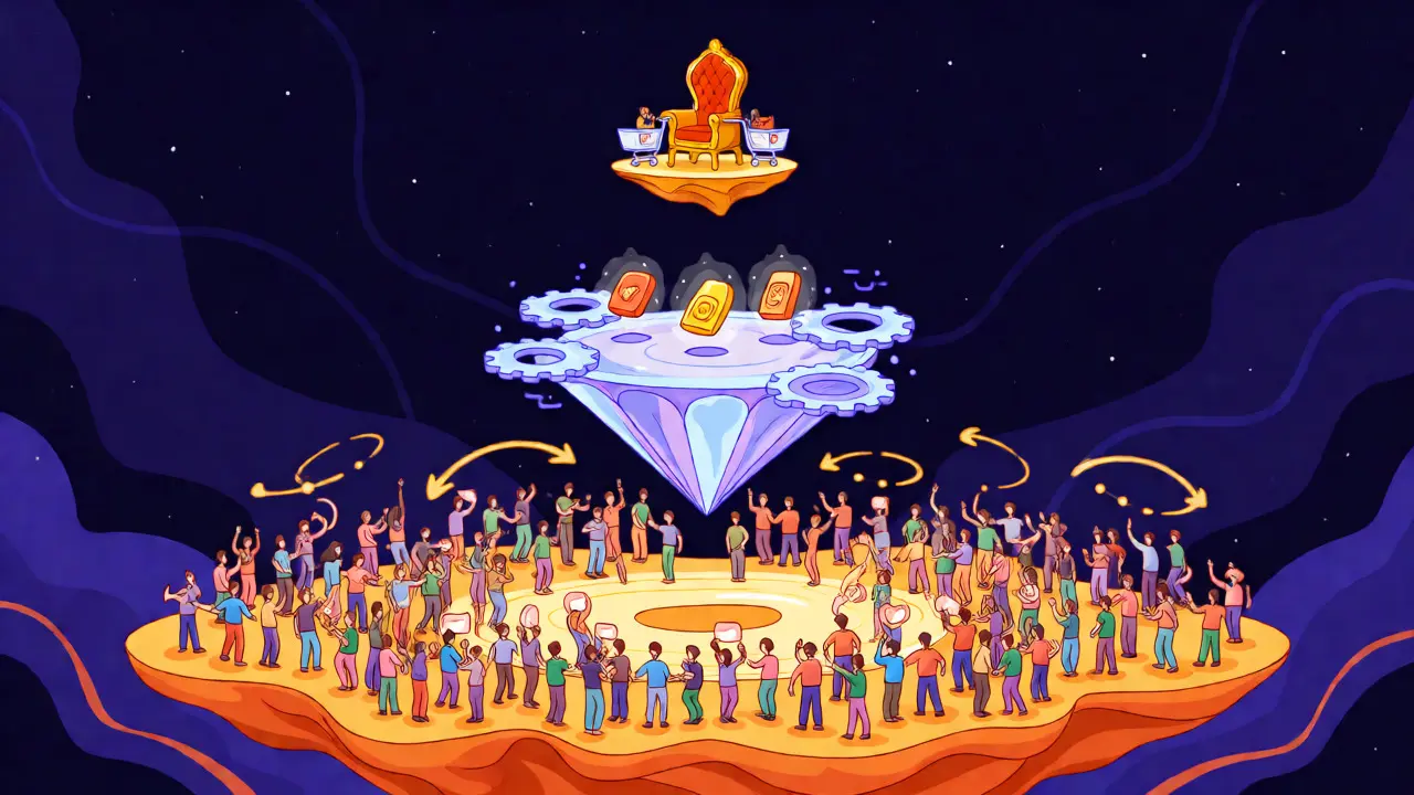 Abstract illustration showing three tiers of crypto rewards in a cosmic setting