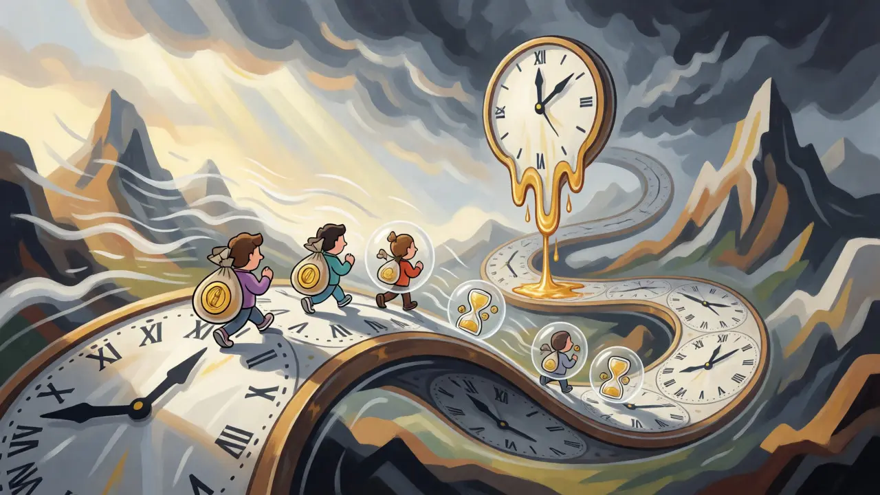 Abstract surreal scene showing characters navigating a clock-road amidst volatility and vesting locks.