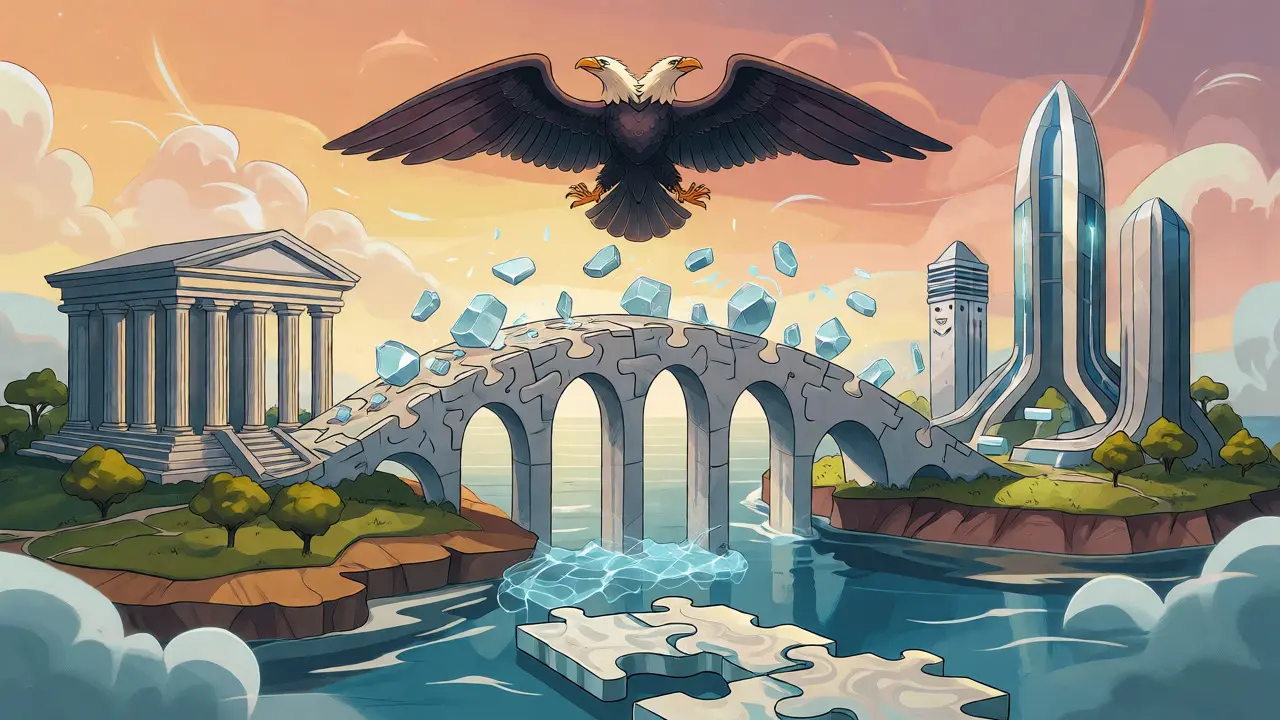 Balanced surreal landscape depicting regulated crypto bridges between banks and regulators.